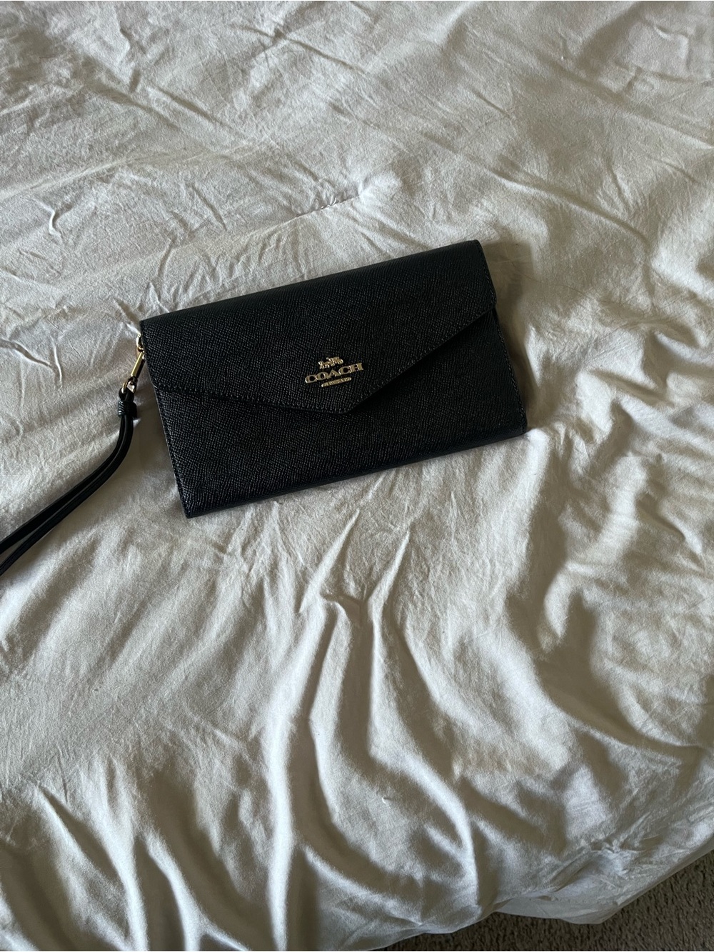 Coach Black Leather Envelope Wristlet with Gold Logo